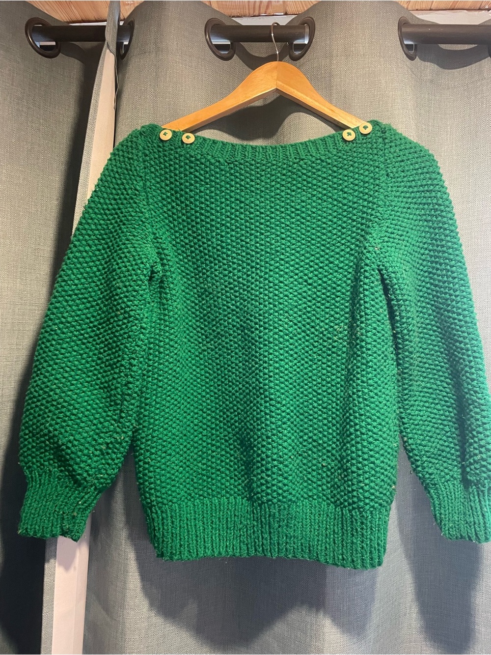 Women’s Green Textured Crewneck Sweater with Button Detail